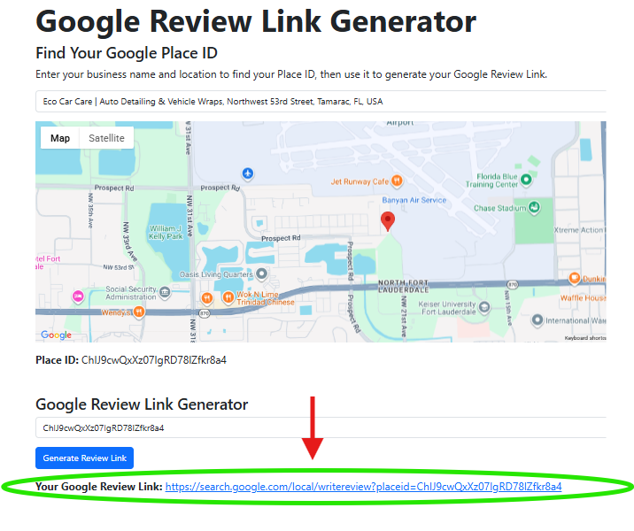 Final Google review link result displayed