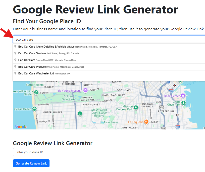 Search your business in the Google Review Link Generator