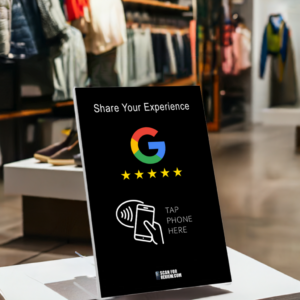 Vertical NFC Google Review Stand Share Your Experience Black Background For Iphone Android Edited_1