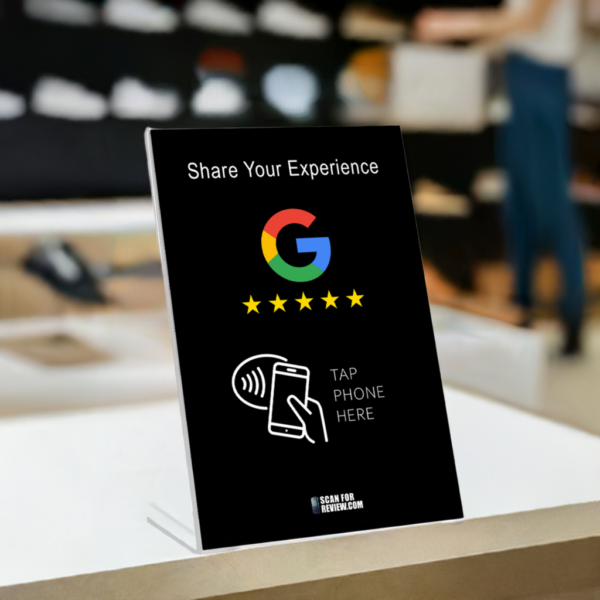 Vertical NFC Google Review Stand - Share Your Experience - Black Background For Iphone & Android