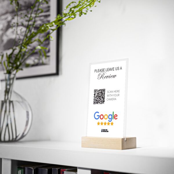 Acrylic Google Review Stand With Wooden Base White Background - Image 2