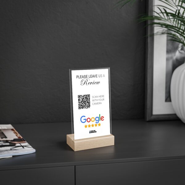 Acrylic Google Review Stand With Wooden Base White Background - Image 3