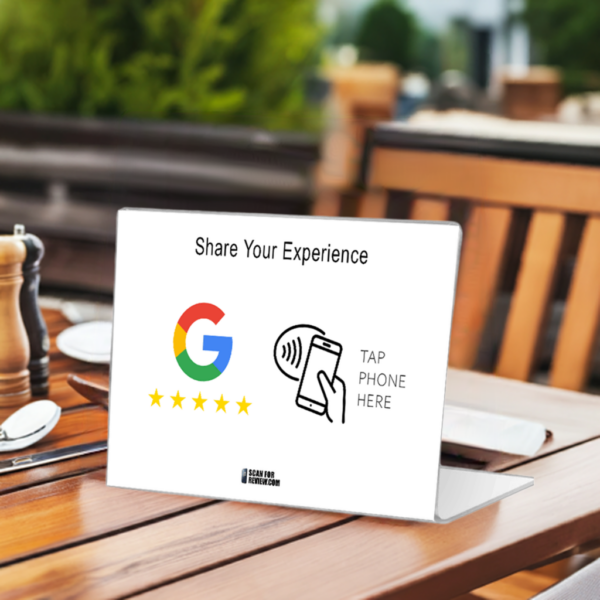 Horizontal NFC Google Review Stand - Share Your Experience - White Background For Iphone & Android