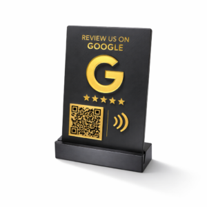 Google Review NFC Stand with QR Code – Black & Gold Tap to Review Display Sign for Table or Counter | Google Reviews QR Code Display — Google Review Stand NFC QR