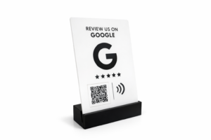 Google review NFC stand with QR code – white & black tap to review display sign for table or counter