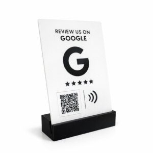 Google review NFC stand with QR code – white & black tap to review display sign for table or counter — Google Review Stand NFC QR