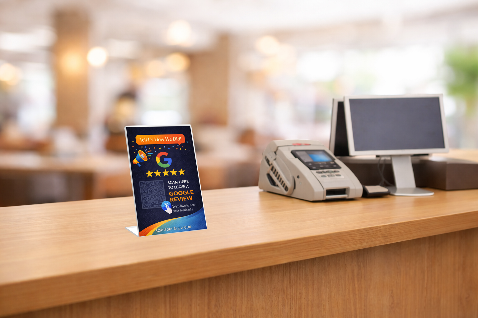 Google Review Stand on Office Desk