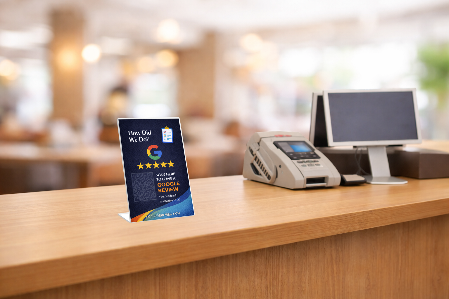 Google Review Stand on Office Desk