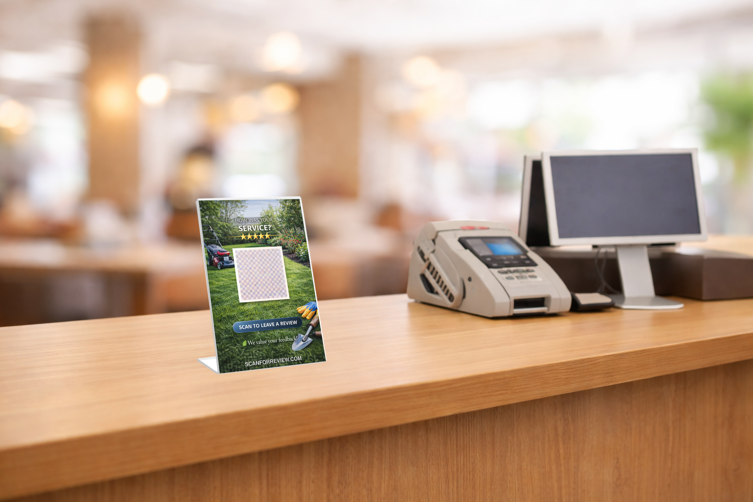 Google Review QR Code Stand for Landscaper on Office Desk