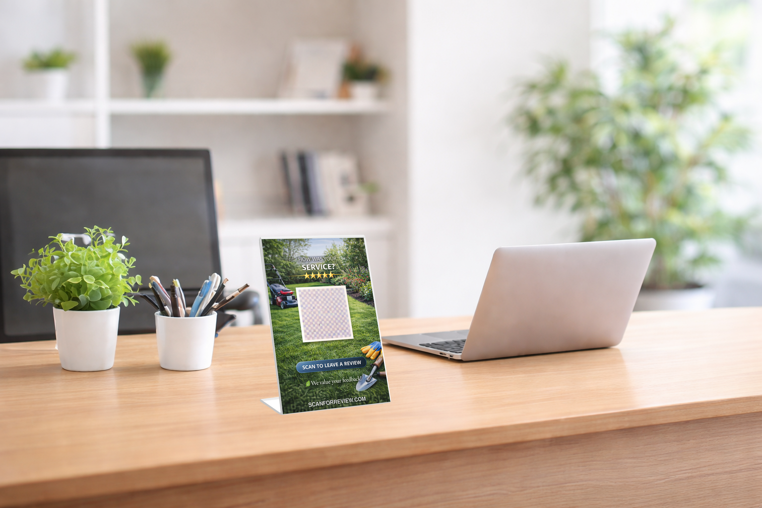 Google Review QR Code Stand for Landscaper on Tabletop