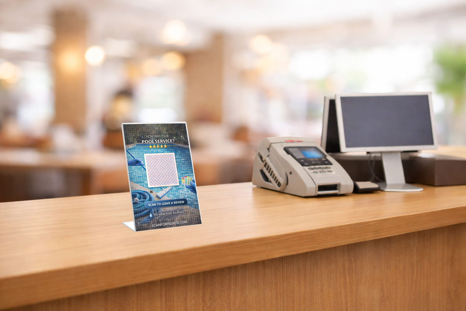 Google Review QR Code Stand for Pool on Office Desk