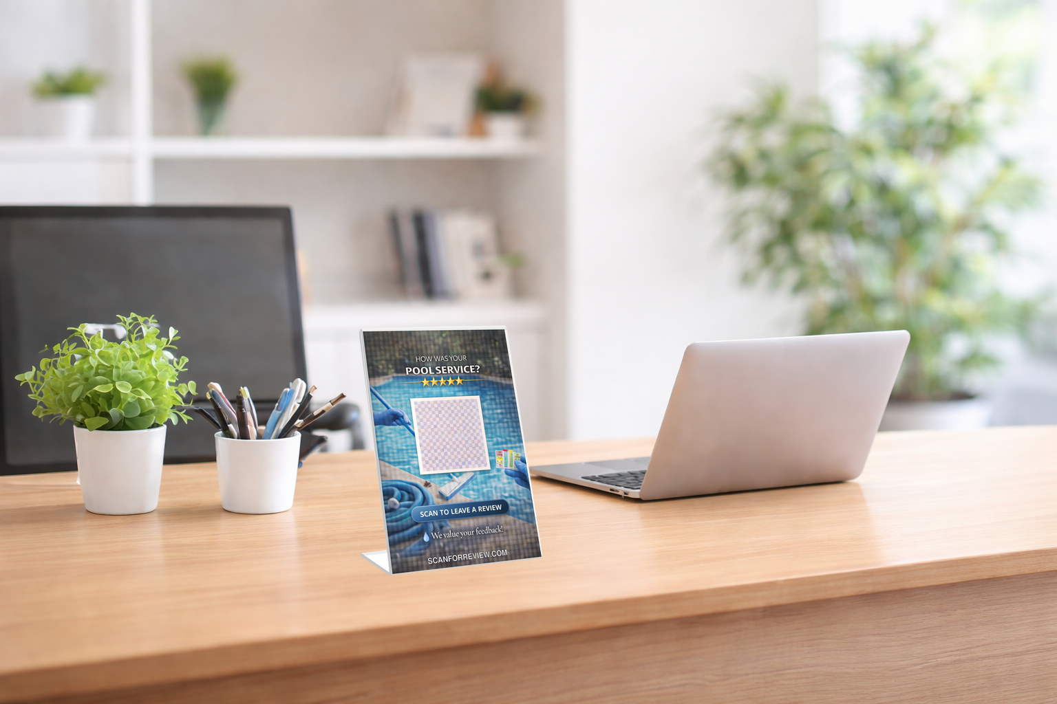 Google Review QR Code Stand for Pool on Tabletop