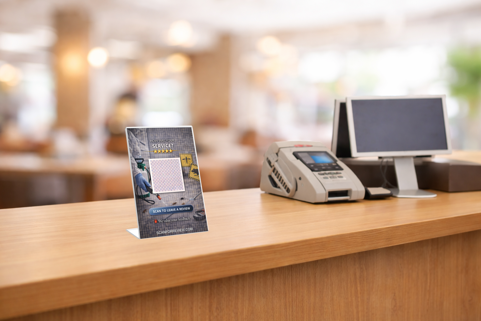 Google Review QR Code Stand for Exterminator on Office Desk
