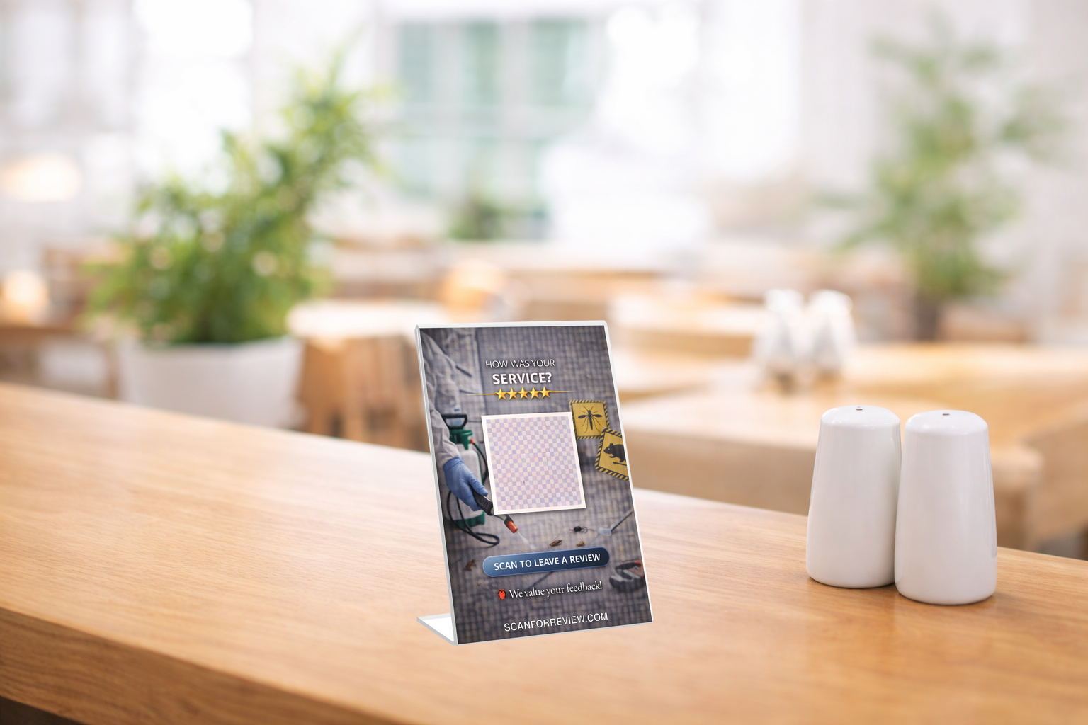 Google Review QR Code Stand for Exterminator on Reception Counter