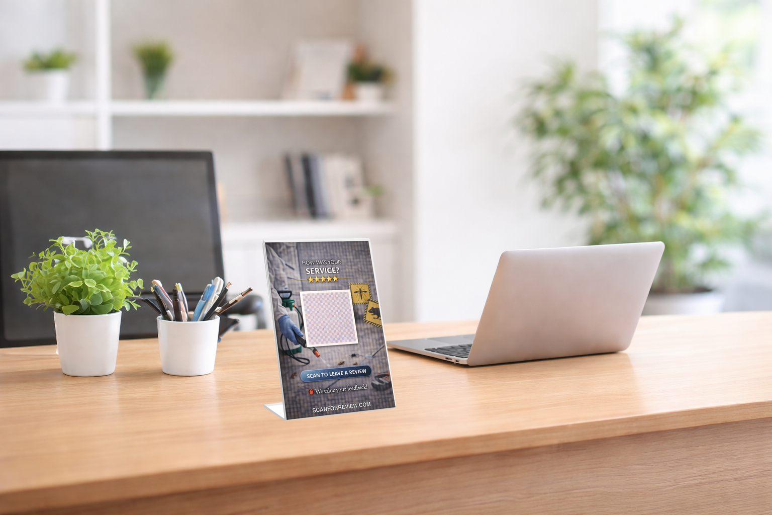 Google Review QR Code Stand for Exterminator on Tabletop