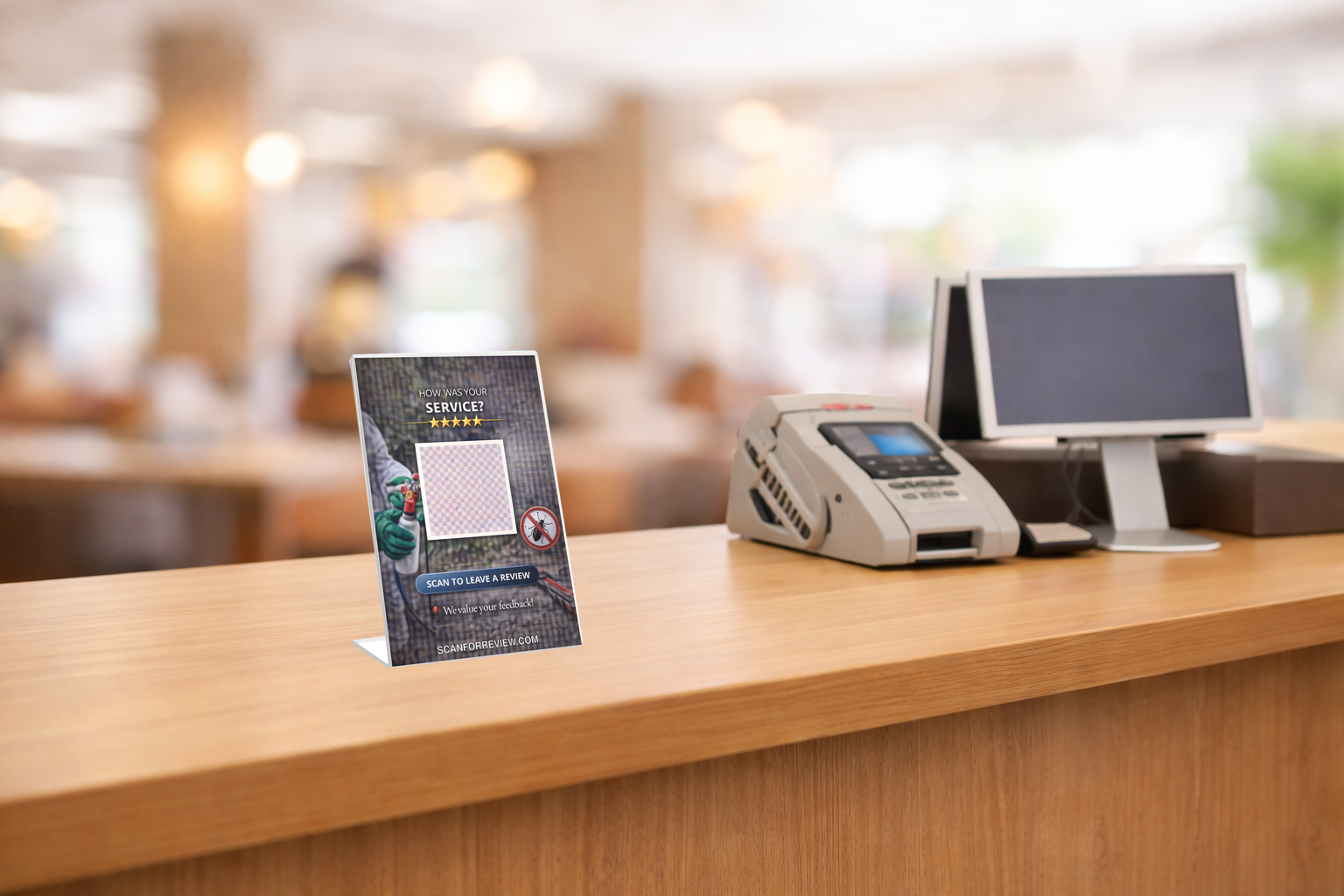 Google Review QR Code Sign for Pest on Office Desk
