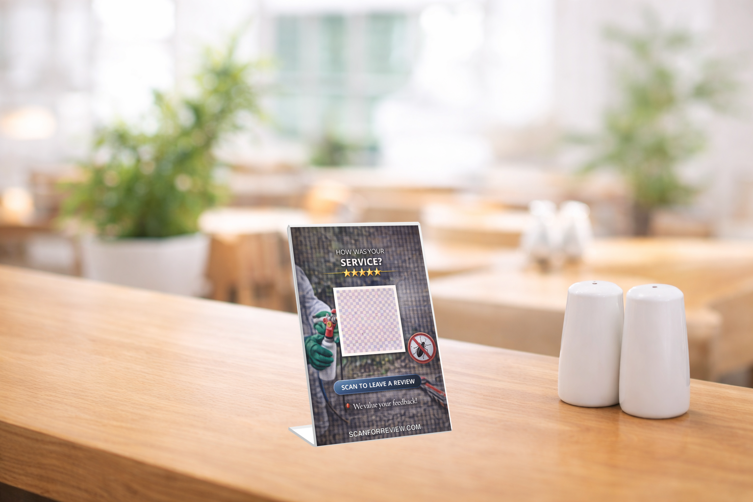 Google Review QR Code Sign for Pest on Reception Counter