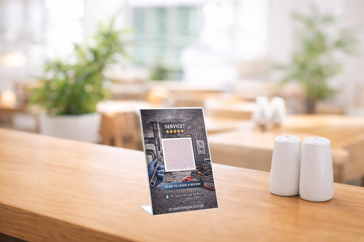 Google Review QR Code Sign for Plumber on Reception Counter