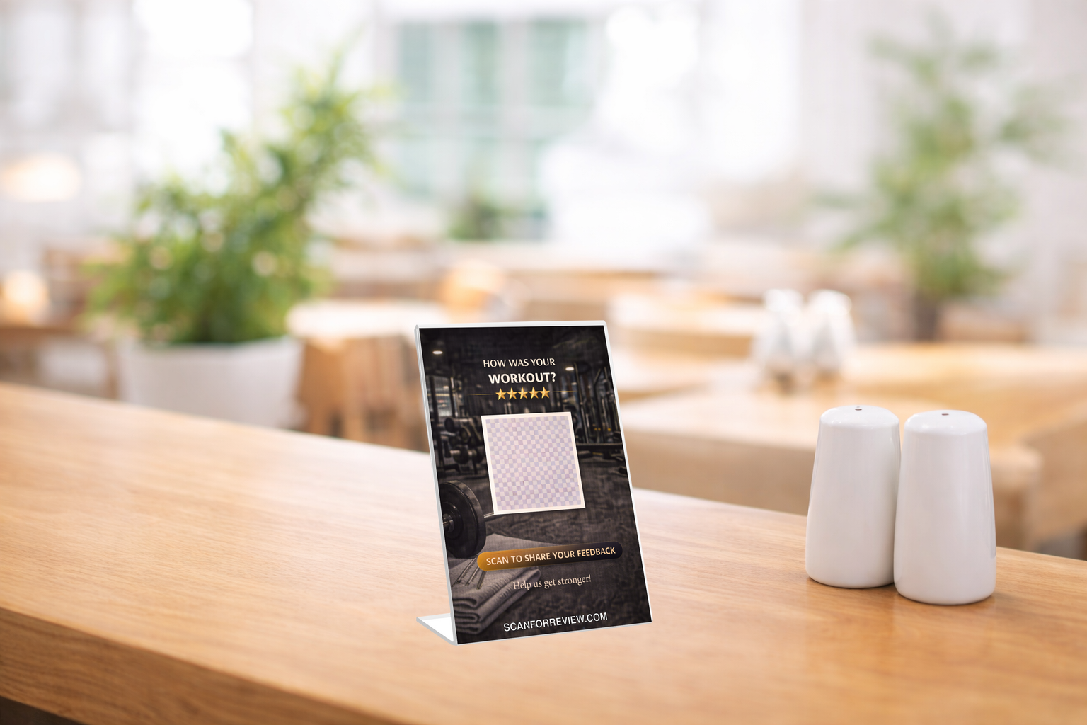 Google Review Sign for Fitness on Reception Counter