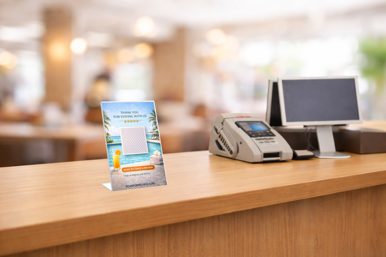 Google Review QR Code Stand for Hospitality on Office Desk