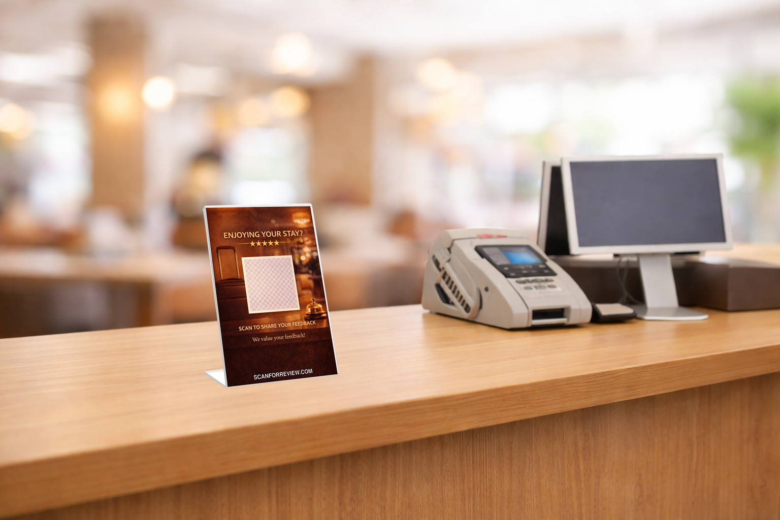 Google Review QR Code Sign for Hotel on Office Desk